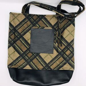 Brown Plaid Cotton w Faux Leather Accents and Pockets Basic Market Tote Bag